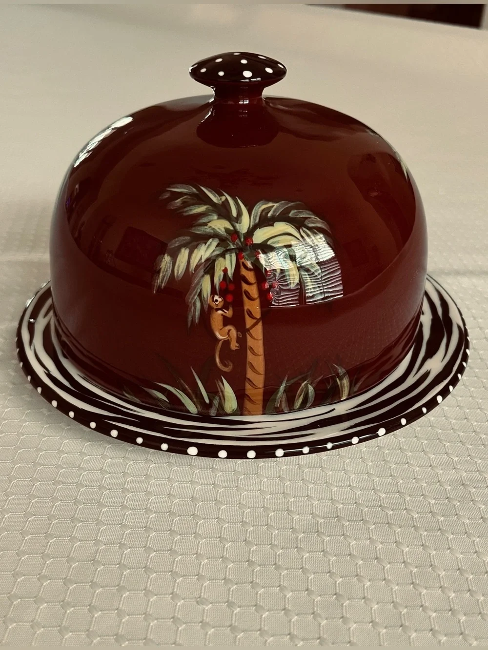 Hand-Painted Brown Ceramic Cheese Dome with Tropical Palm Motif with Monkey